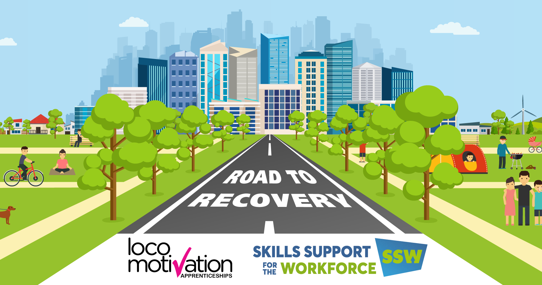 Graphic showing a road into the city depicting a road for business recovery